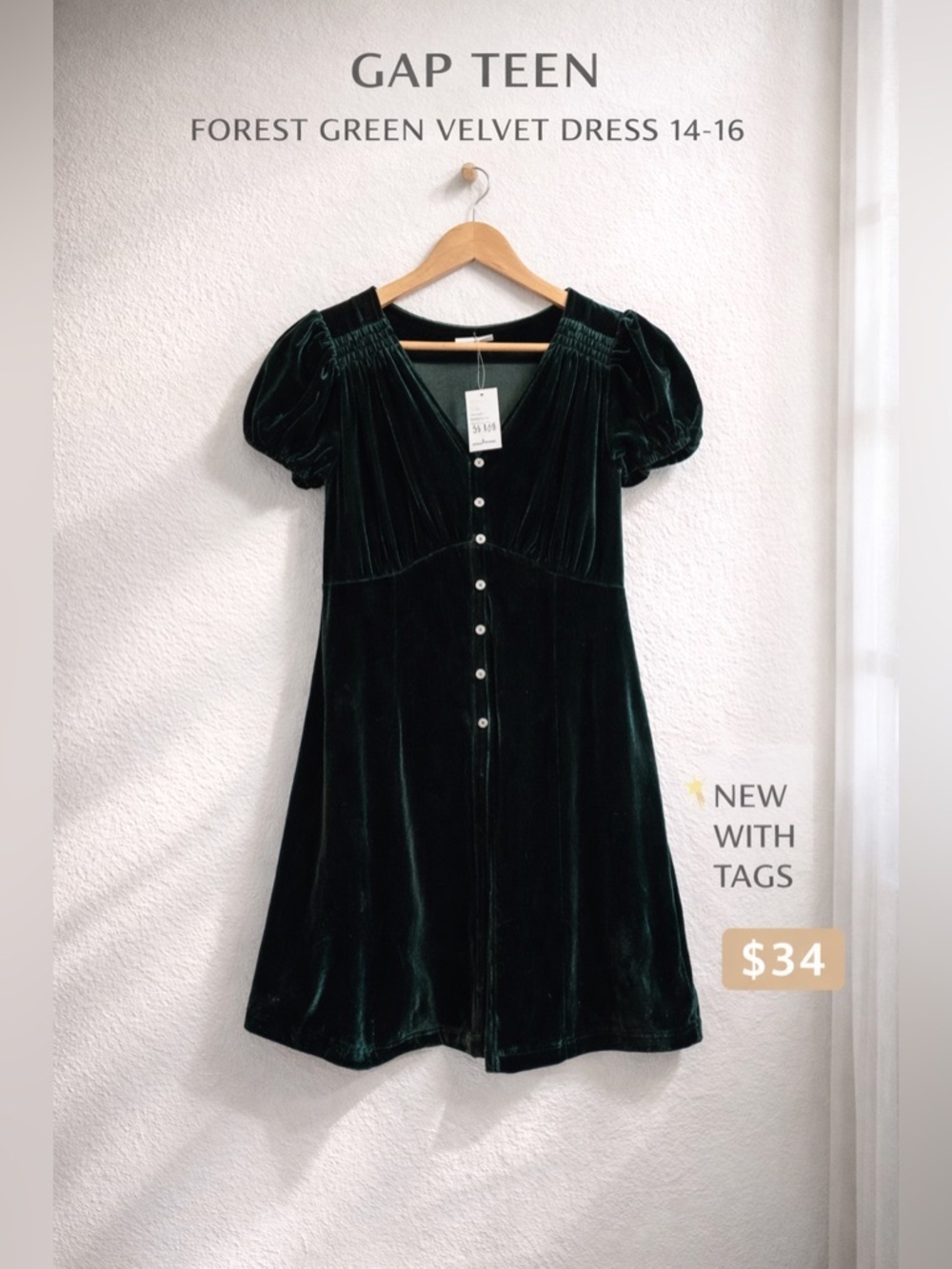 GAP Teen Dark Forest Green Velvet Button Front Dress Size 14-16 NWT